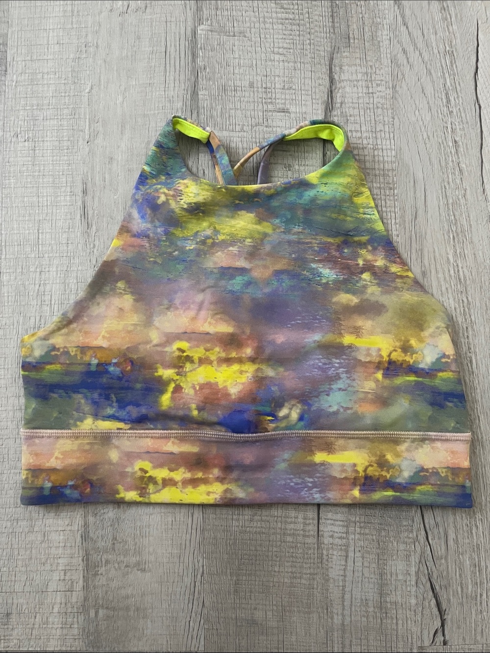 Lululemon High Neck Watercolor Print Sports Bra - Yellow, Blue, Purple